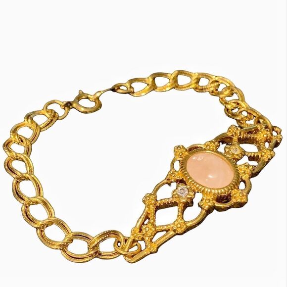 Vintage Avon gold filigree faux coral crystal floral double link bracelet 6.5” - Picture 5 of 8